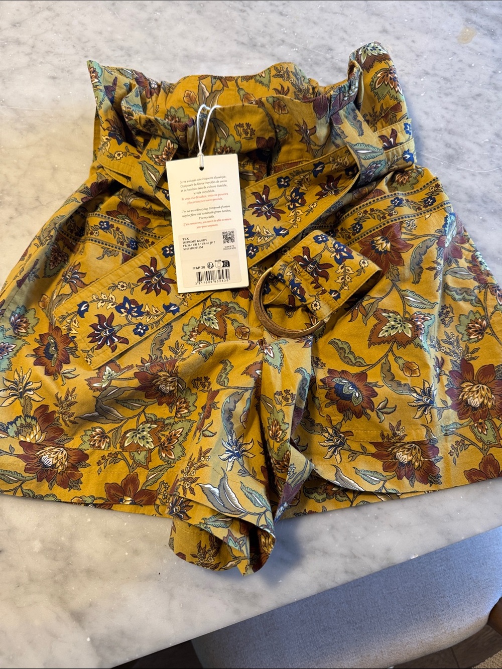 Sezane Mustard Floral Paperbag Waist Skirt with Tie